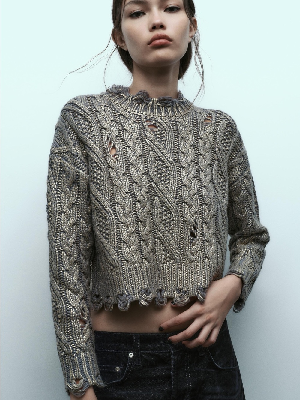 Zara Distressed Cable-Knit Cropped Sweater - Gray